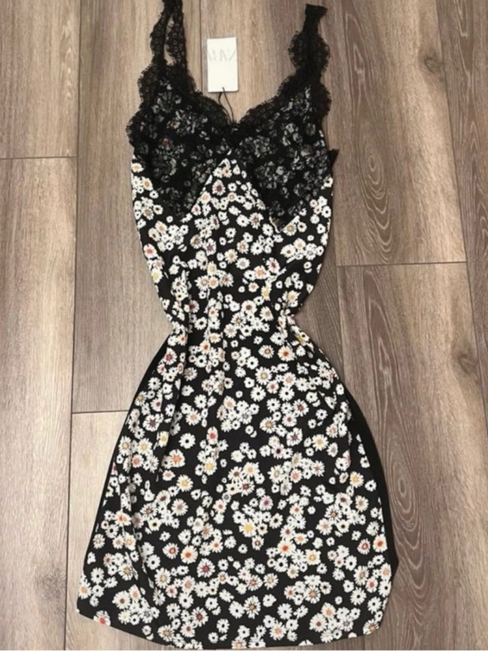 Zara Black Floral Lace-Trim Midi Dress